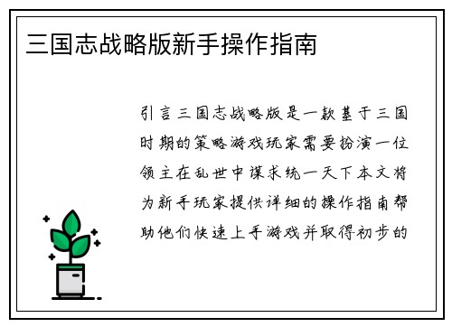三国志战略版新手操作指南